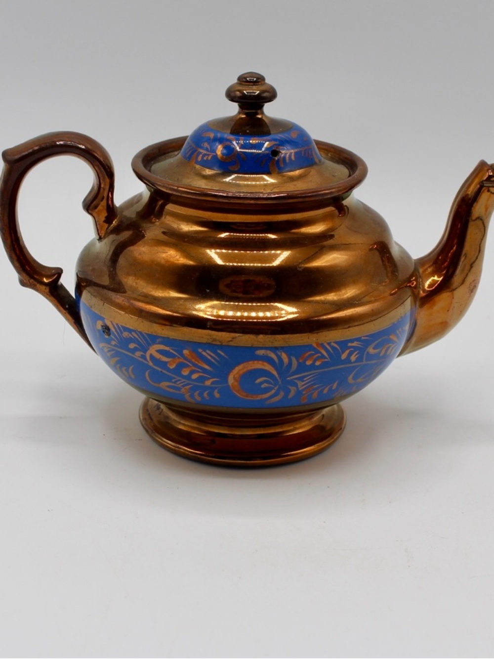 Antique Copper Luster Lidded Teapot Hand Blue Floral Band